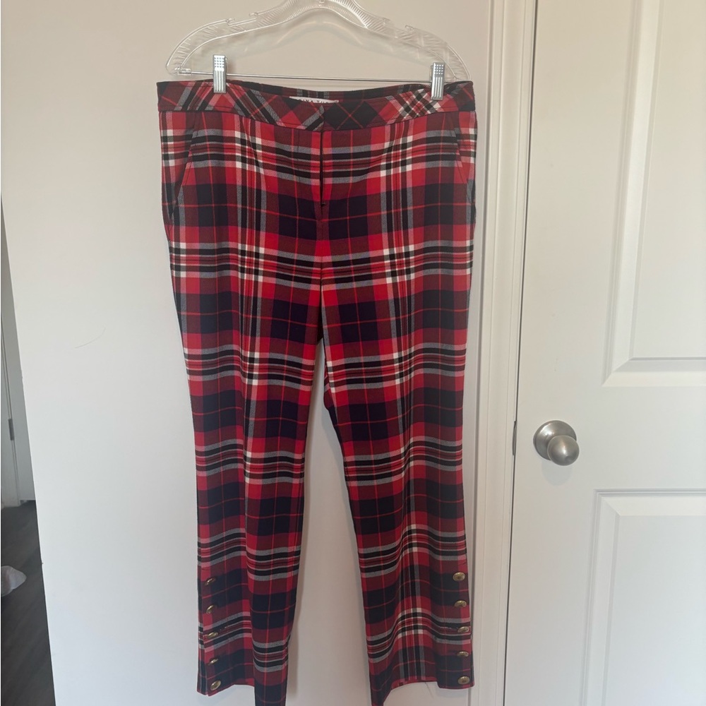 Trina Turk Red and Black Plaid Zip-Front Pants
